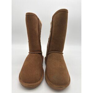 Bearpaw Womens Knit & Suede Boots Size 7/7W Brown With Buckle Detail & Faux Fur